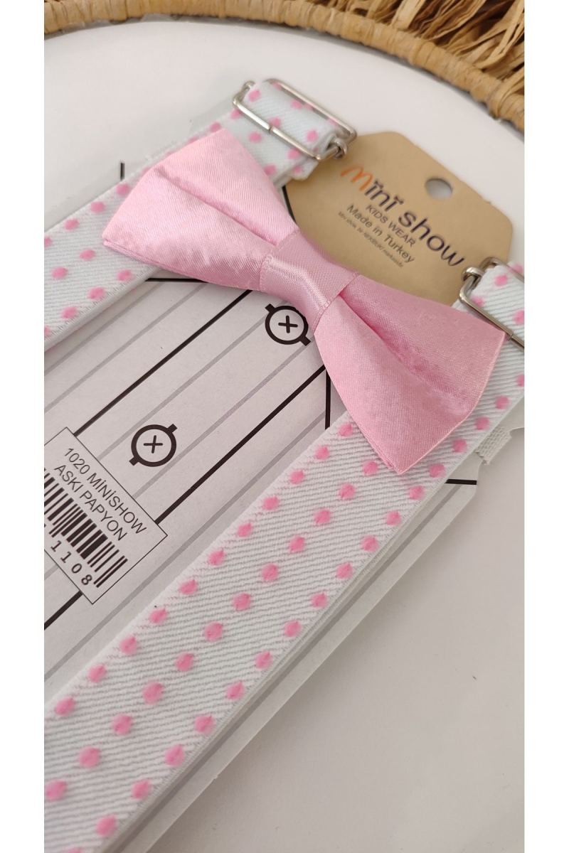 Pembe Puantiyeli Askı Papyon Seti 2-9 Yaş · görsel 3